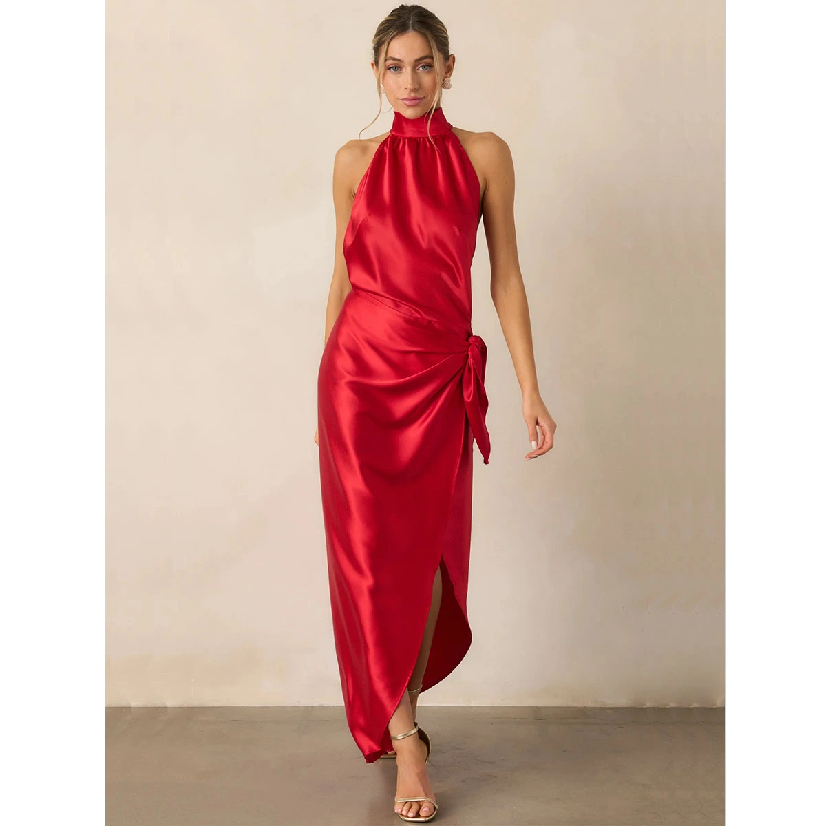 red satin halter midi dress with self tie wrap skirt high leg slit and fitted silhouette