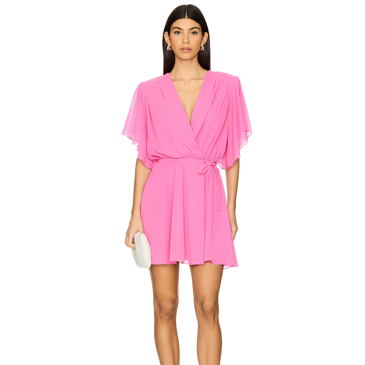 pink a line wrap dress deep v neck short sleeves waist tie flowy chiffon mini party dress