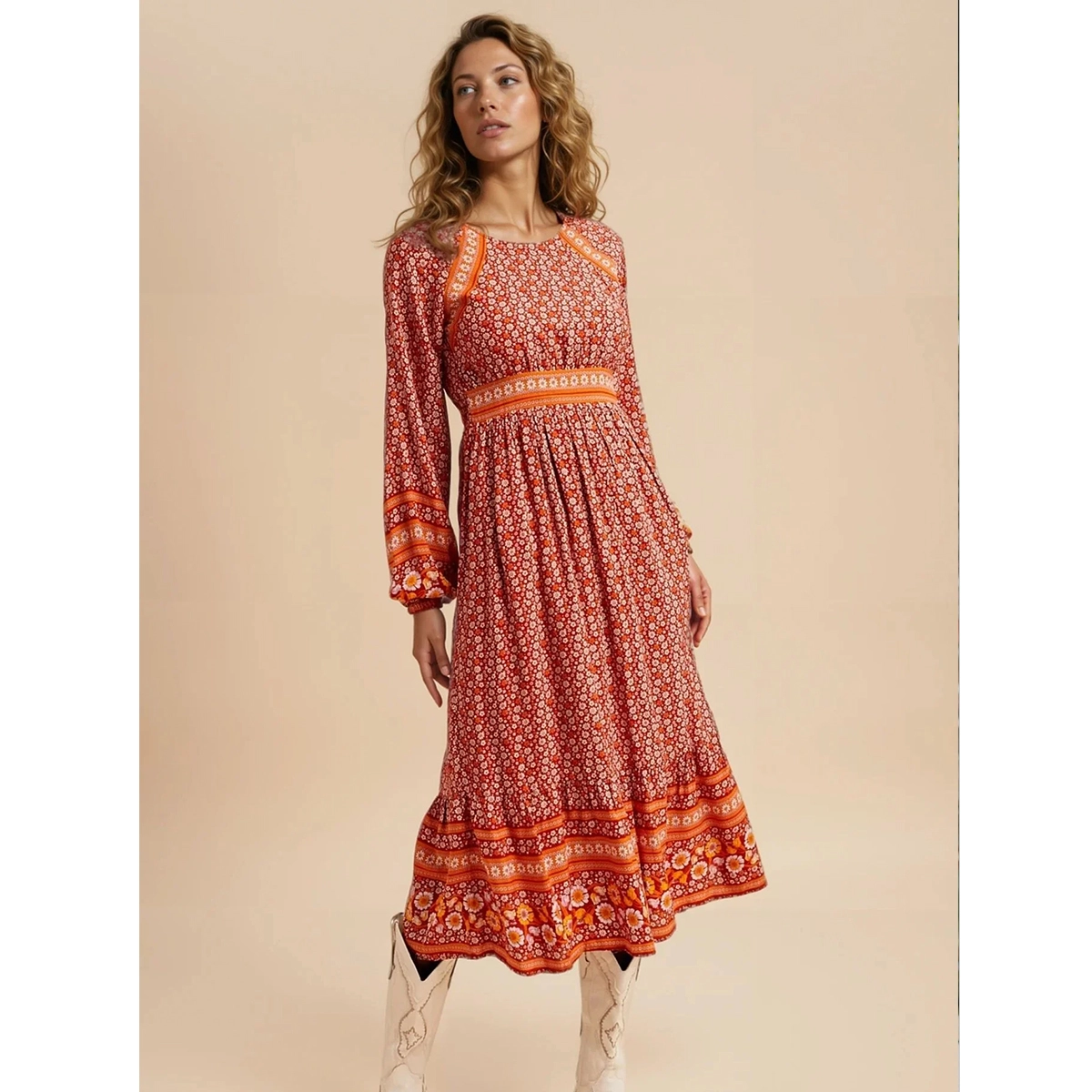 printed boho midi dress with elasticated sleeve openings smocked back waistband and button back closure