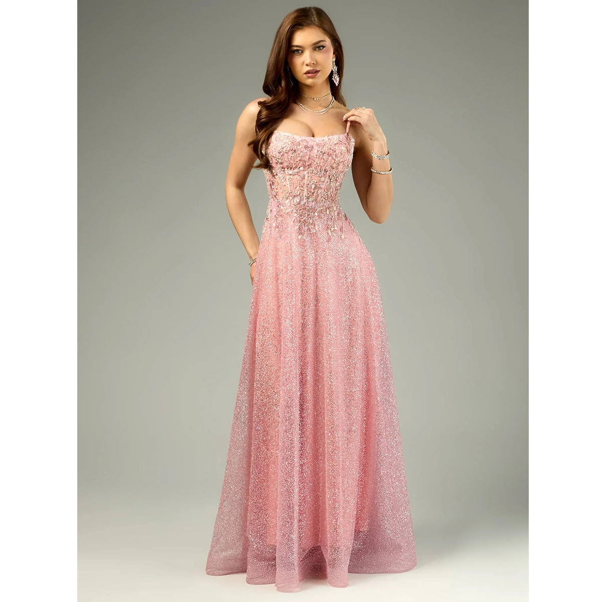 formal a-line dress thin spaghetti straps fitted bodice full flowing skirt