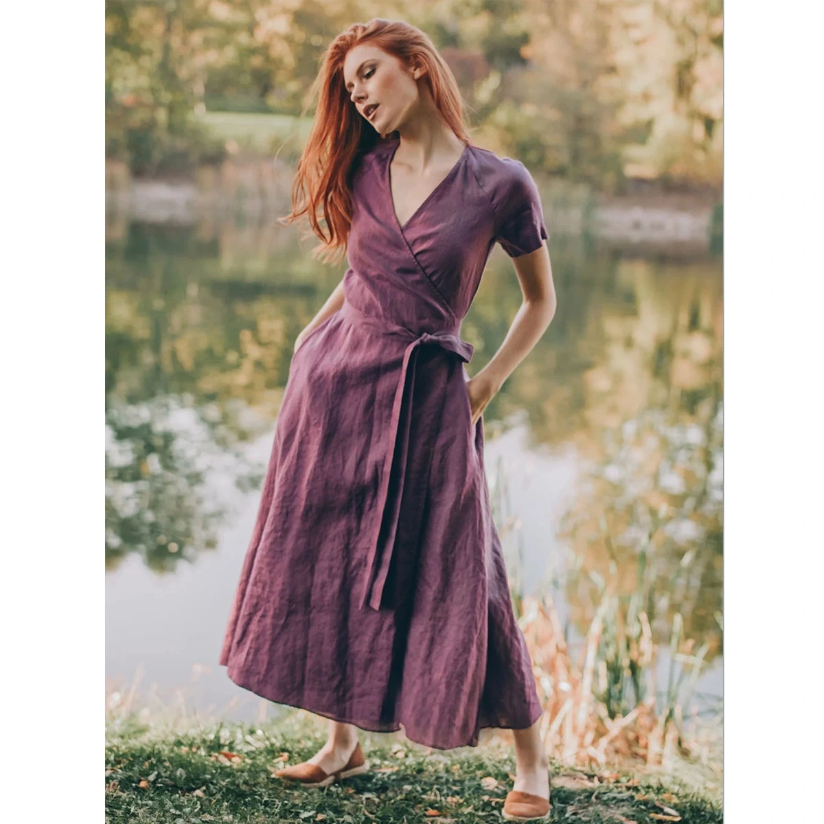 linen wrap midi dress v neckline short sleeves self tie waist side pockets flowy a line casual dress