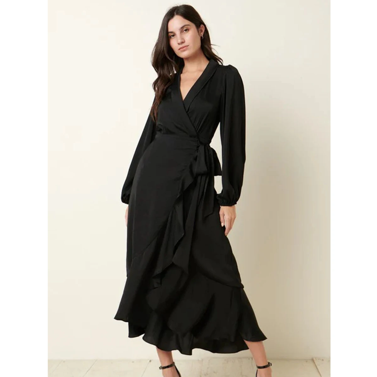 black satin maxi wrap dress long sleeves waist tie asymmetric ruffled skirt elegant dress