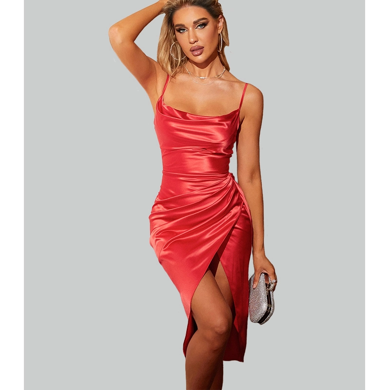 red satin cowl neck bodycon midi dress with ruched wrap detail fitted silhouette evening clubwear dress