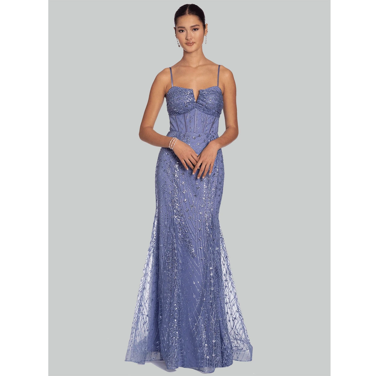 blue sleeveless evening dress with sweetheart neckline corset bodice adjustable straps open lace up back detail formal gown