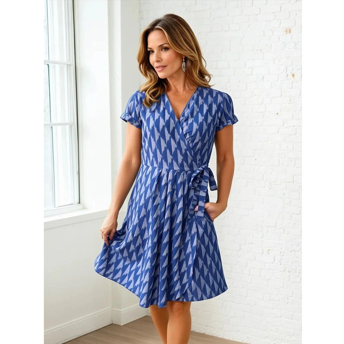 blue print cotton wrap dress v neck cap sleeves side tie flowy skirt casual summer dress
