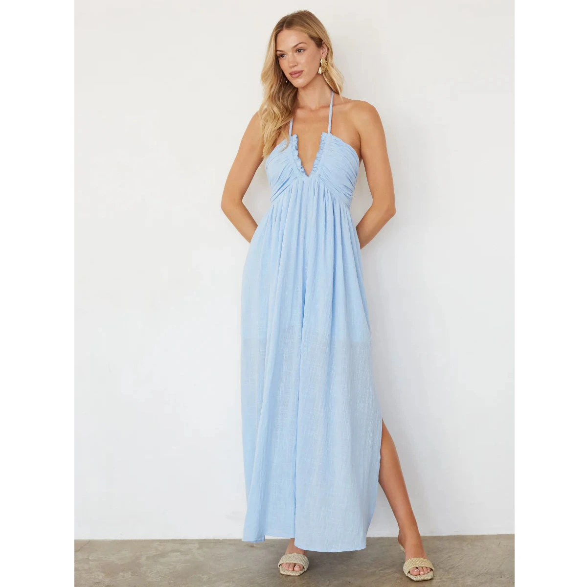 light blue linen maxi dress deep v neckline ruched bodice side pockets halter tie fringe tassel side slit summer dress