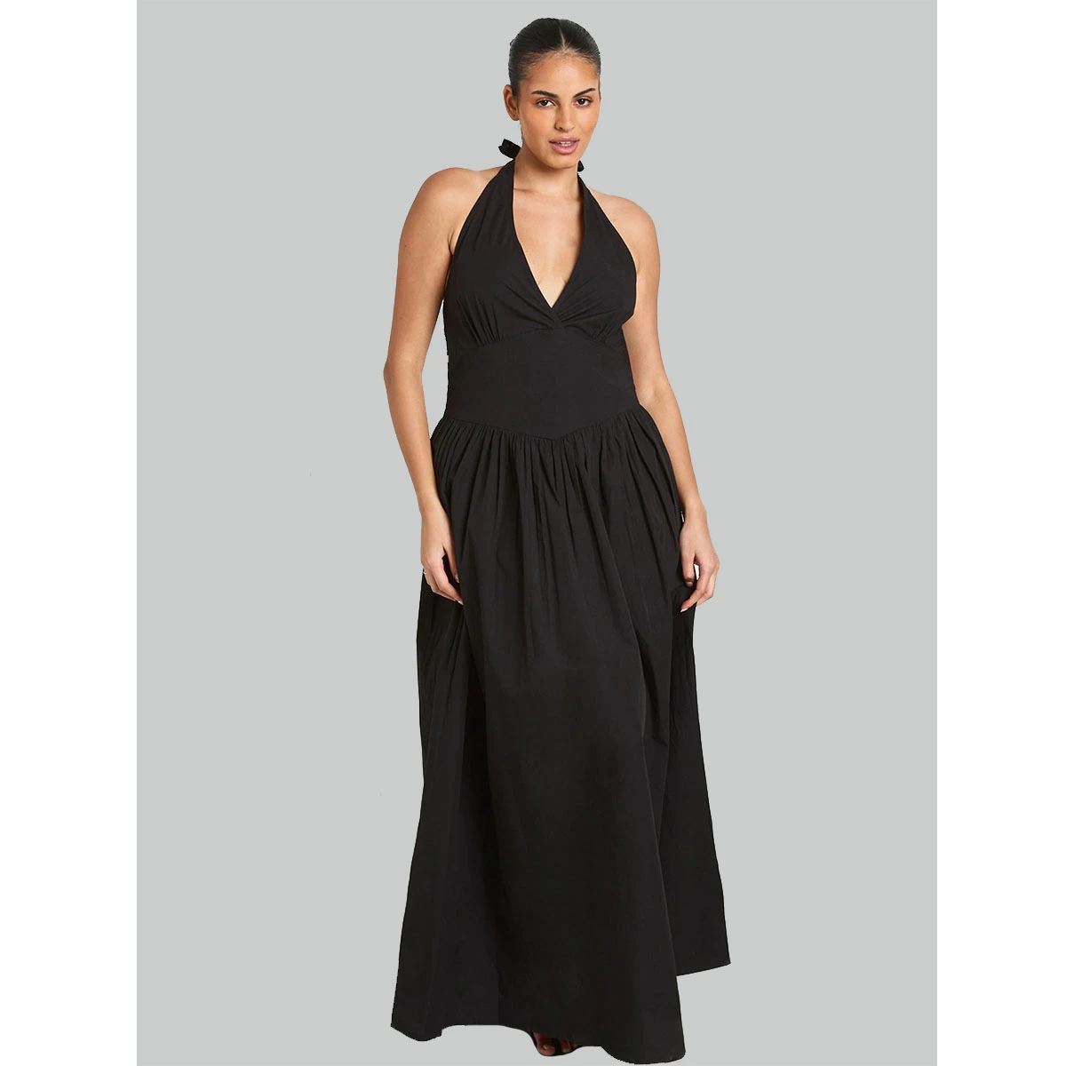 black cotton poplin plus size halter maxi dress with plunging v neckline pleated detail fitted waist