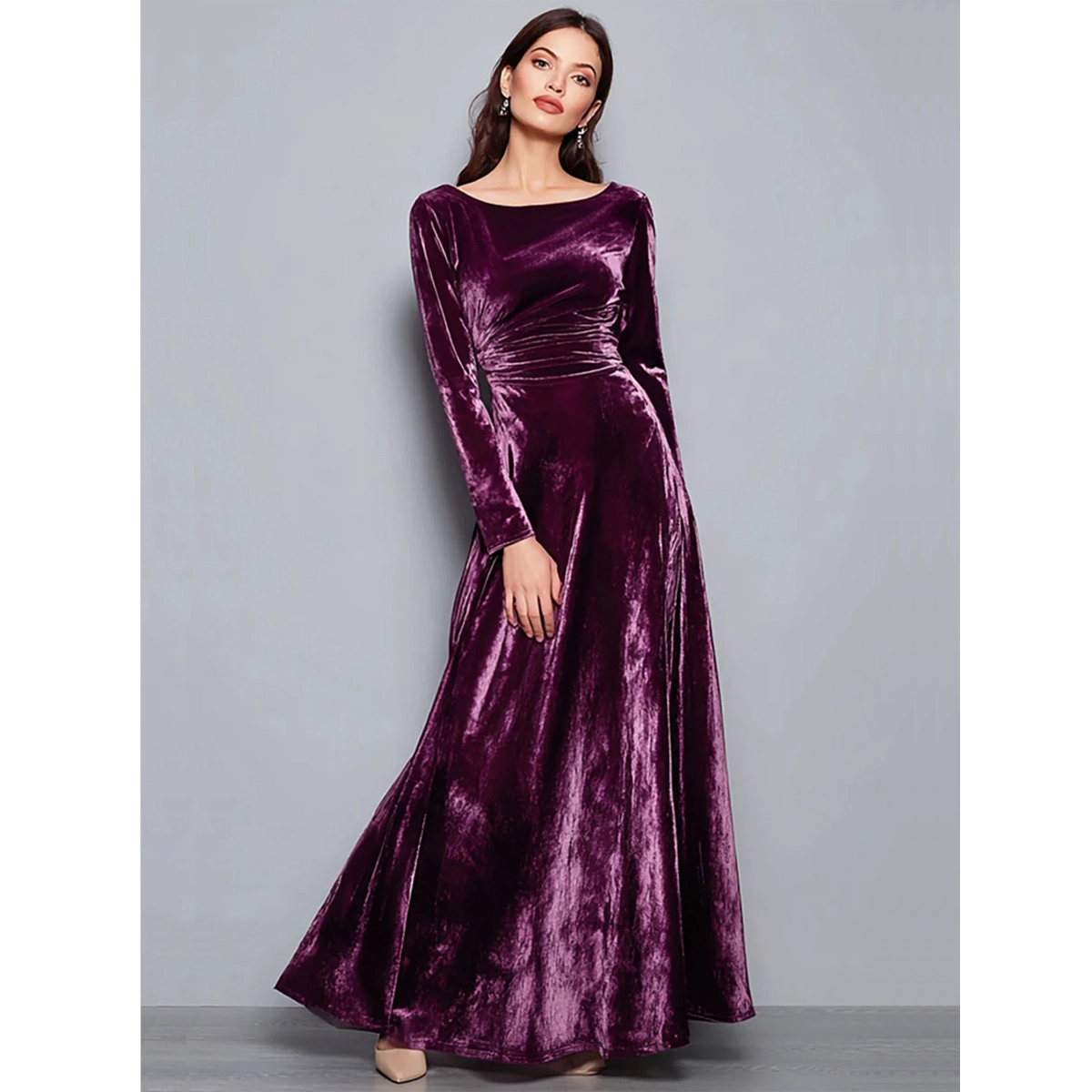 velvet party dress boat neckline long sleeves ruched waist a-line skirt