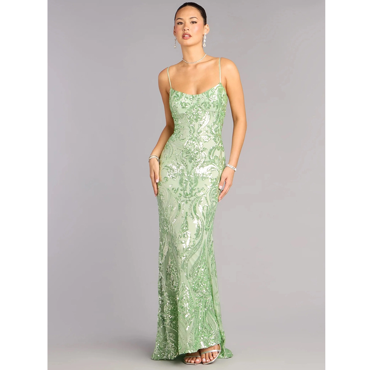 formal sequin dress thin spaghetti straps cowl neckline figure-hugging mermaid floor-length silhouette