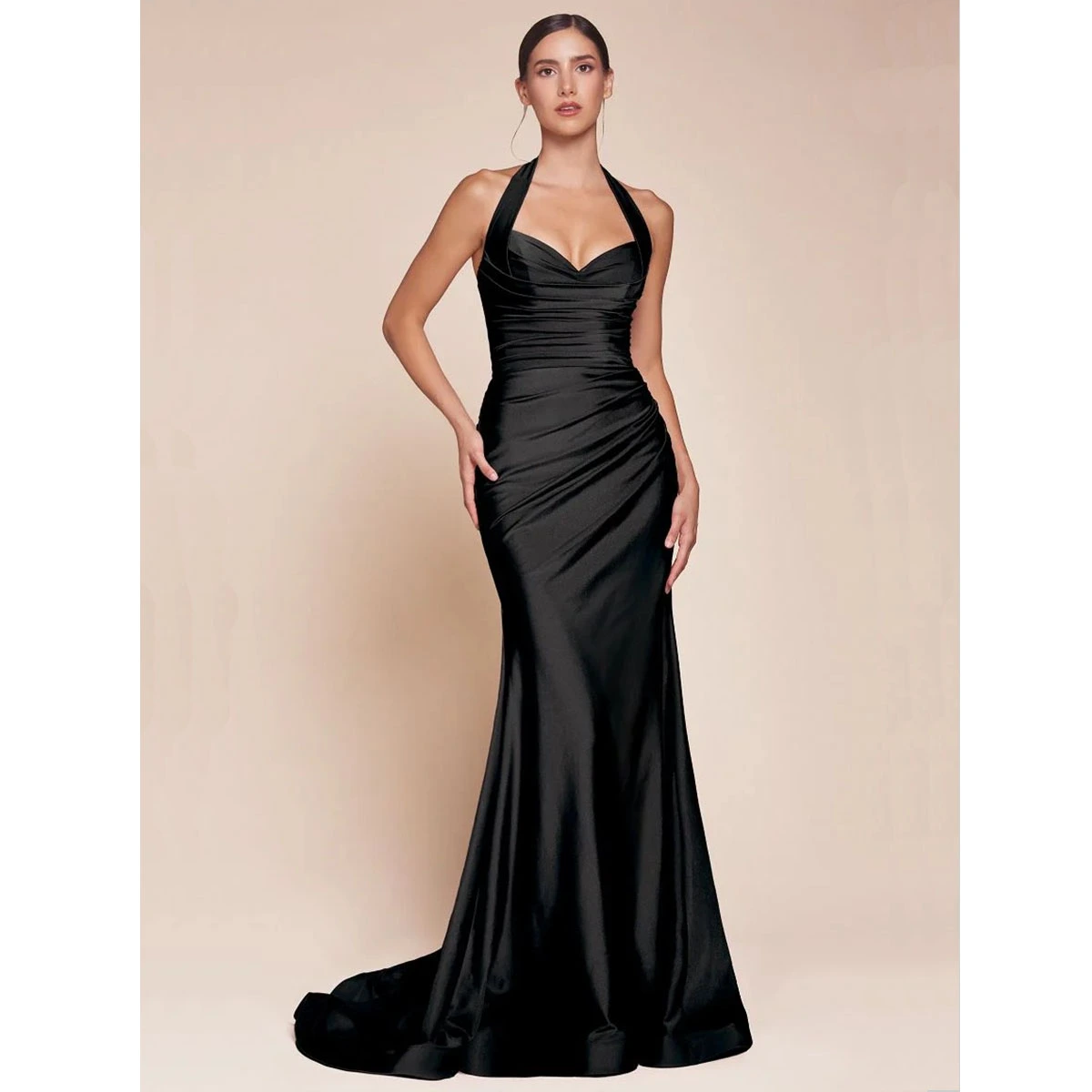black satin halter evening dress with sweetheart neckline gathered waist side slit floor length skirt train