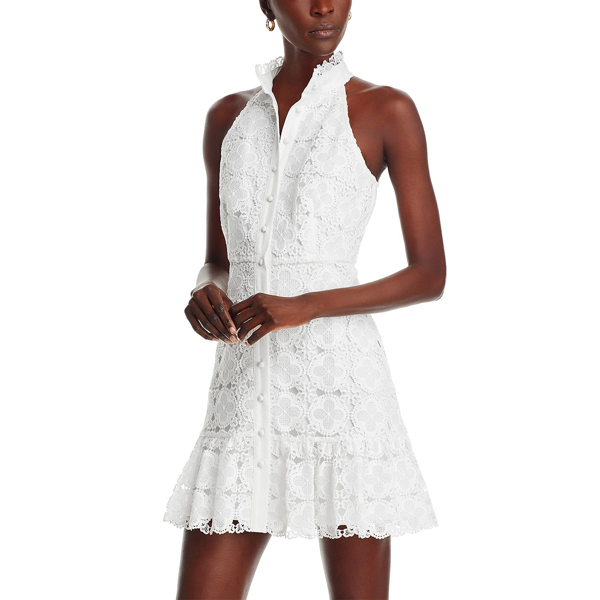 white lace party dress stand collar front button placket fitted waist