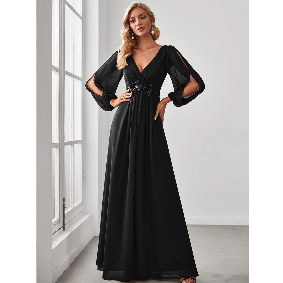 chiffon long sleeve evening dress with v neckline fully lined floor length formal gown