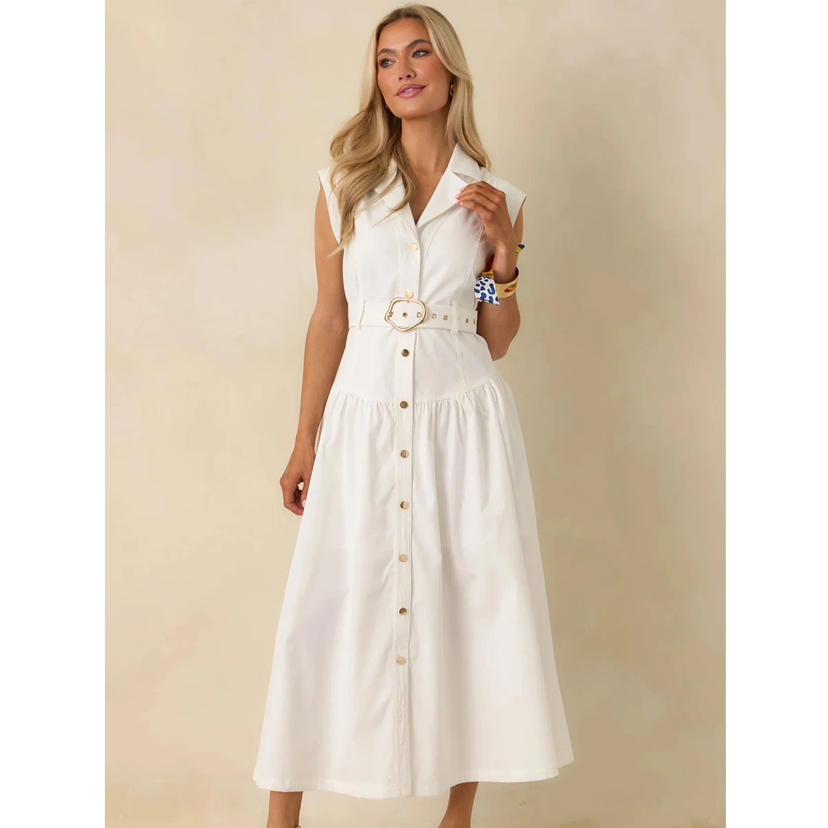 white sleeveless maxi shirt dress structured collar front buttons buckle belt elegant dress