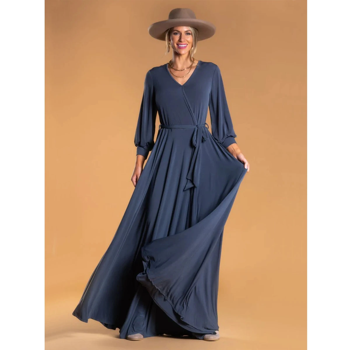 blue jersey maxi wrap dress v neck long sleeves waist tie high split flowy maxi dress casual