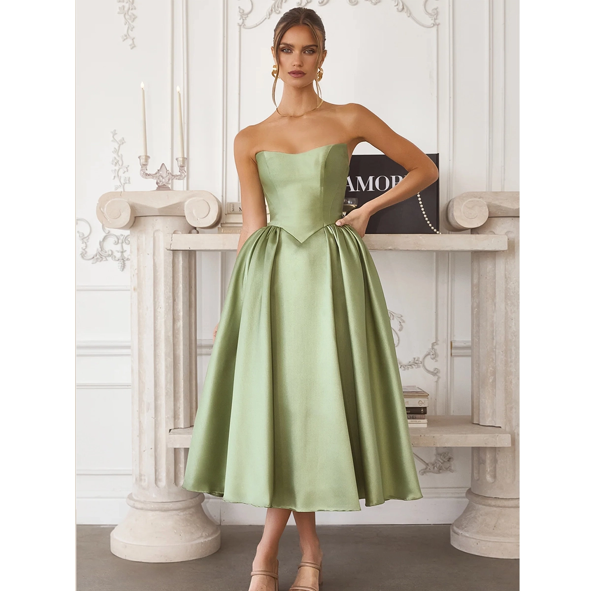 midi party dress with structured bodice lace up back fit and flare silhouette voluminous skirt