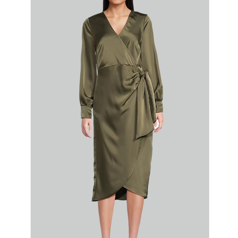 green satin wedding guest dress with long sleeve faux wrap design side tie detail surplice v neckline elegant formal dress