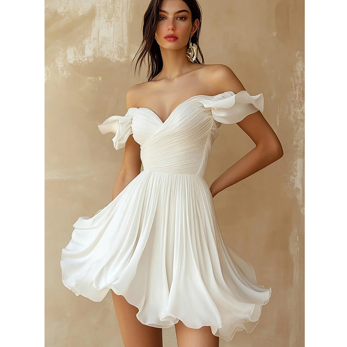 white a line ruffle dress off shoulder sweetheart neckline ruched bodice pleated chiffon mini dress