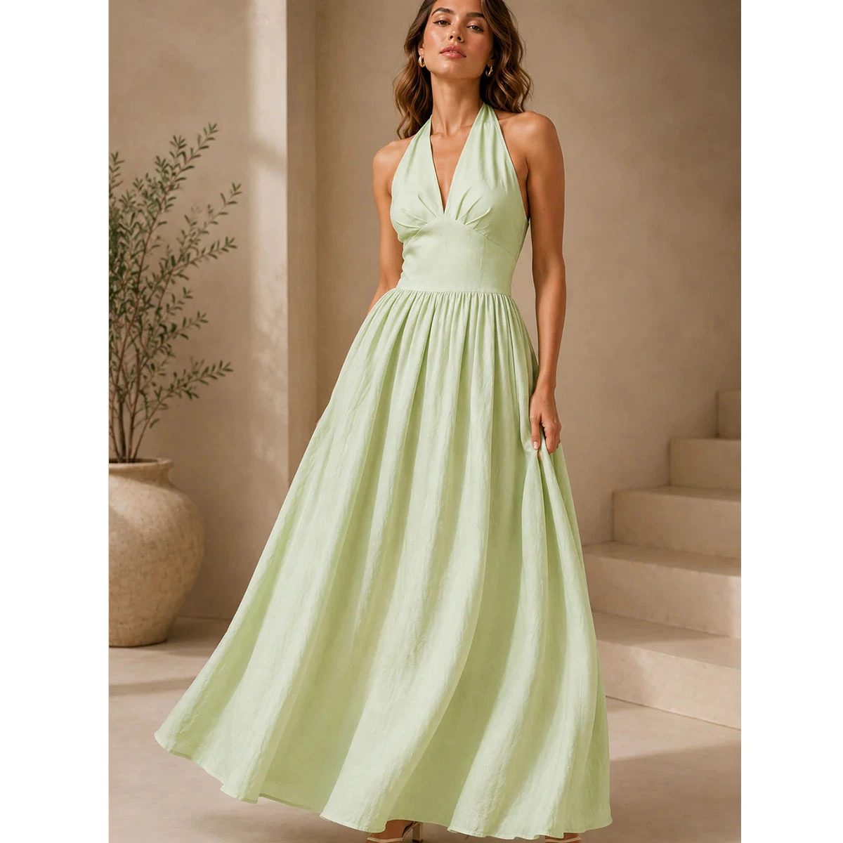 elegant open back halter dress with deep v neckline adjustable tie back high empire waist flowing a line skirt