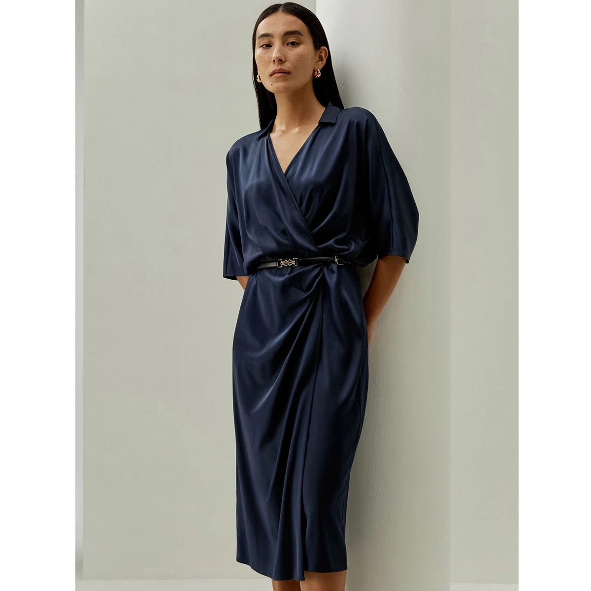 navy satin elegant wrap dress lapel collar short sleeves belted waist ruched front slit formal dress