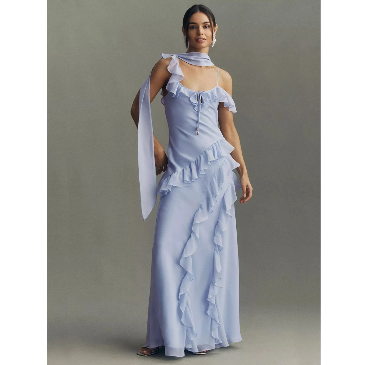 formal chiffon dress thin straps layered ruffle front tie scarf sash lightweight chiffon fabric