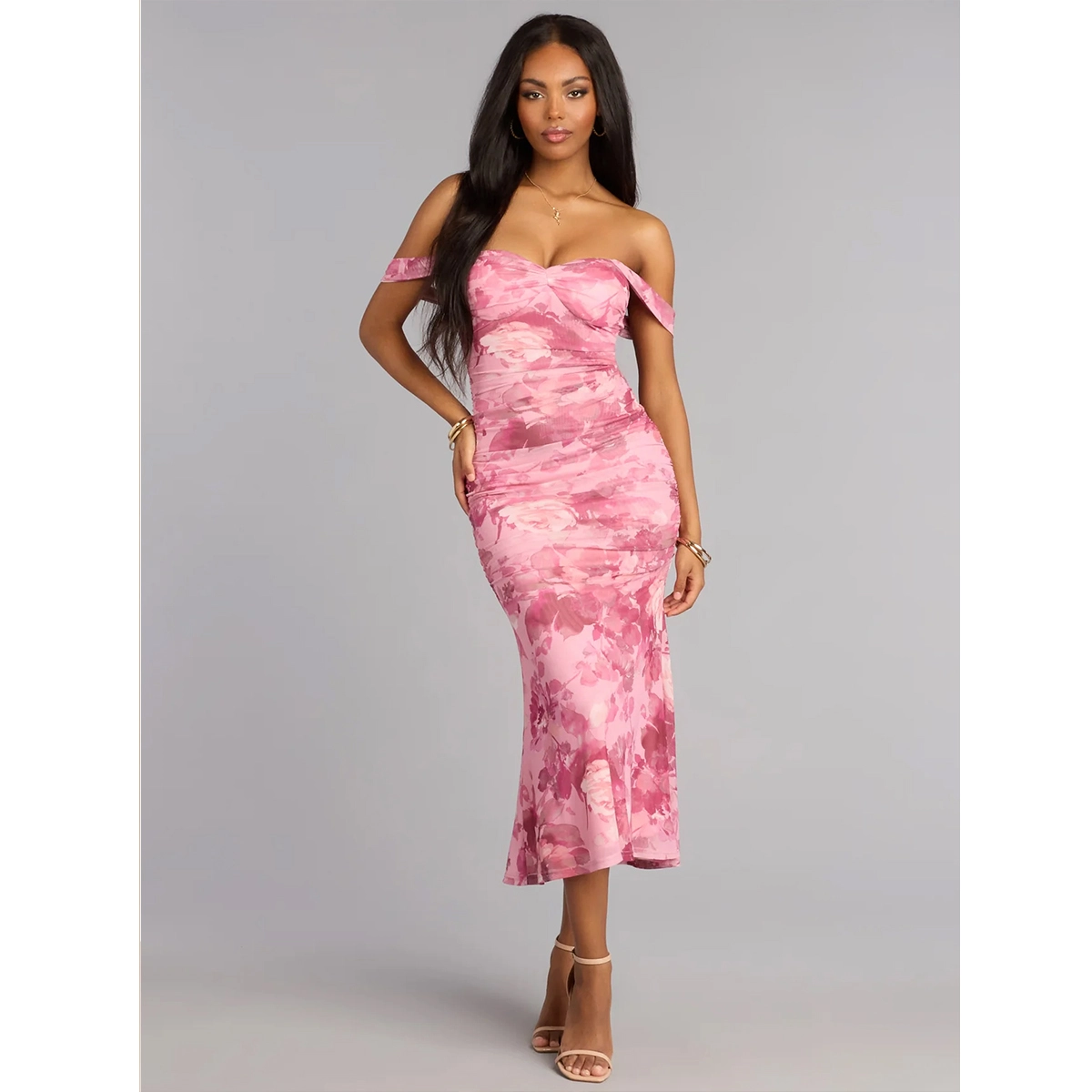 floral mesh off shoulder midi dress with sweetheart neckline ruched detailing and flared hem