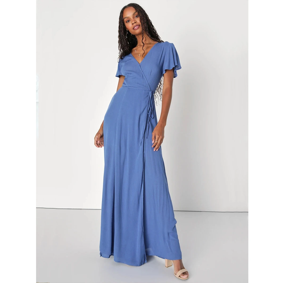 blue flowy wrap maxi dress deep v neck short sleeves side tie waist high front slit casual dress