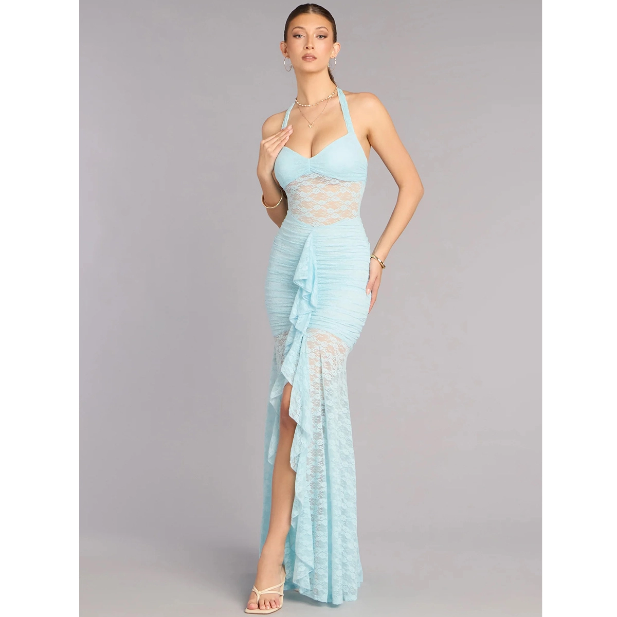 formal lace dress halter neckline sweetheart bodice sheer mesh waist ruched fabric ruffled high slit mermaid skirt