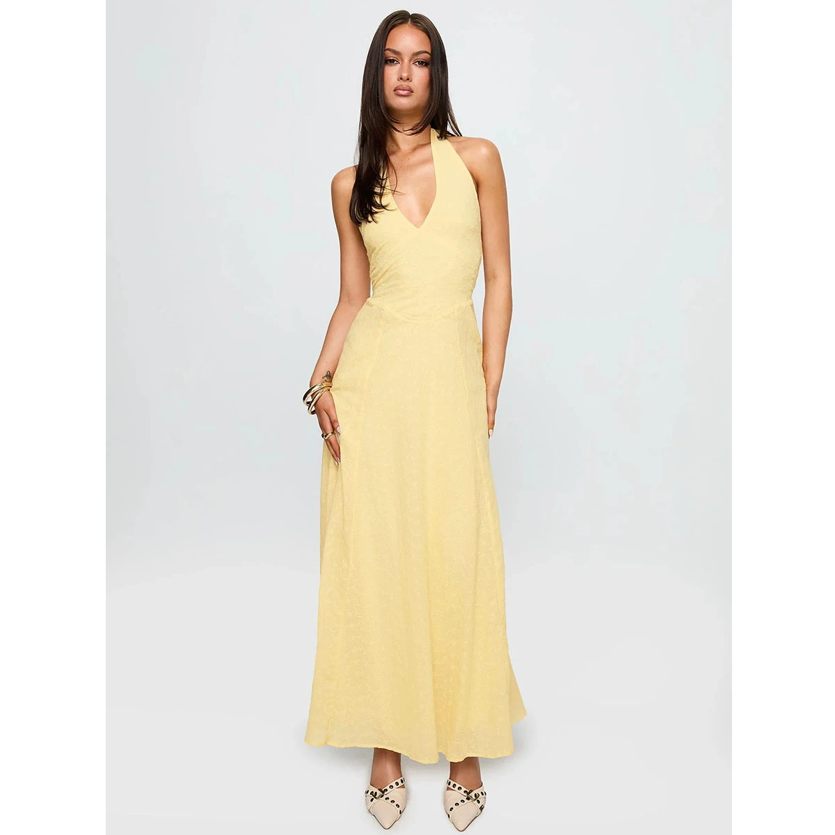 yellow halter maxi dress deep v neck ruched waist textured fabric side pockets pleated hem shirred back summer dress