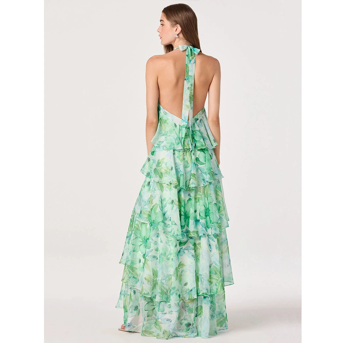 floral halter tiered dress with criss cross halter neckline self tie back bow open back tiered skirt