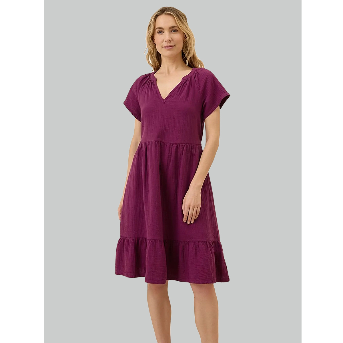 burgundy a line casual dress split v neck short raglan sleeves tiered ruffle hem