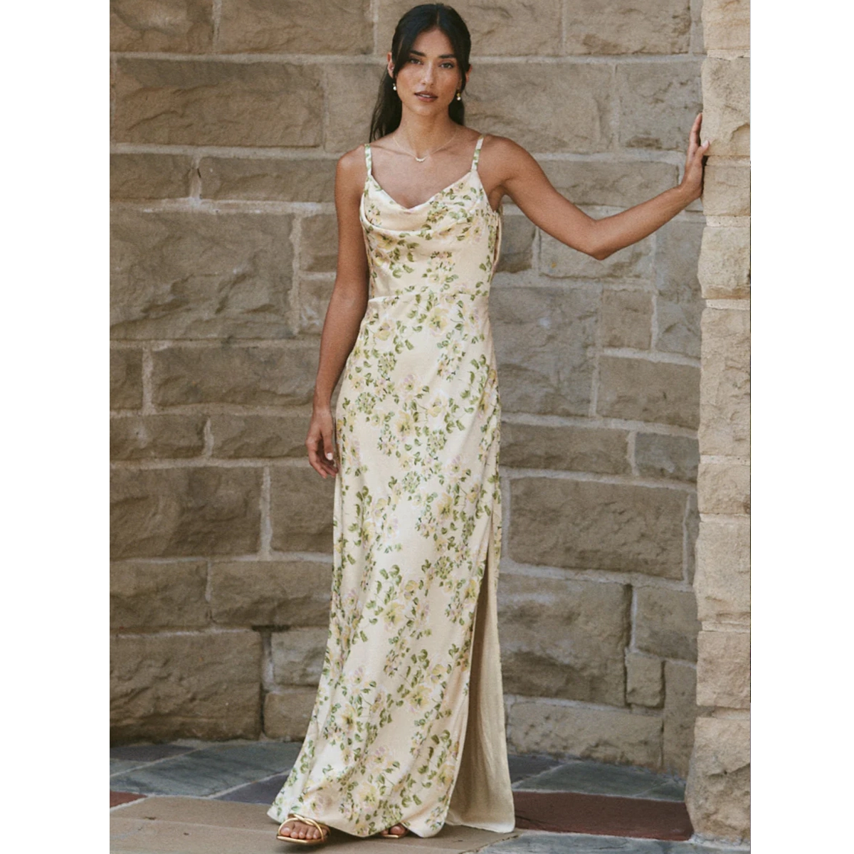floral print satin evening dress with cowl neckline adjustable spaghetti straps side slits a line full length silhouette