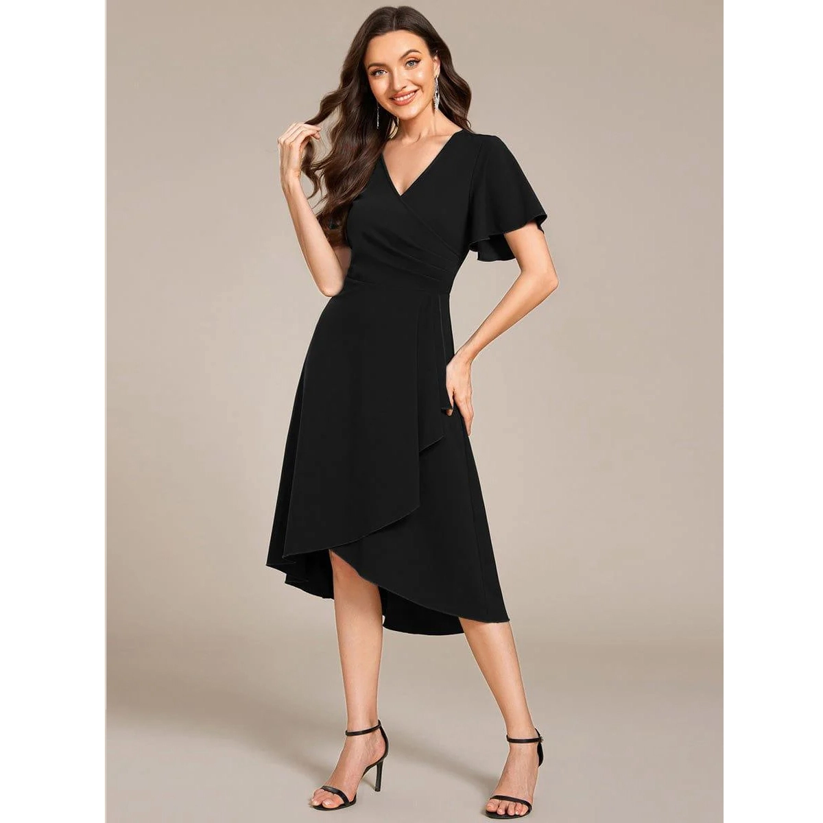 black midi wedding guest dress with v neckline short sleeves and concealed back zipper