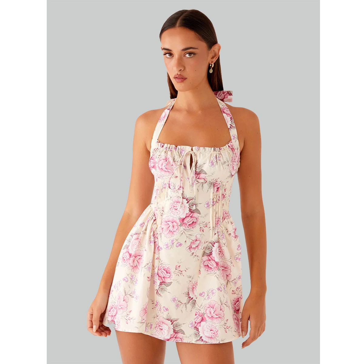 exclusive print vintage halter mini dress with sweetheart neckline front tie thick halter straps fitted bodice flared skirt