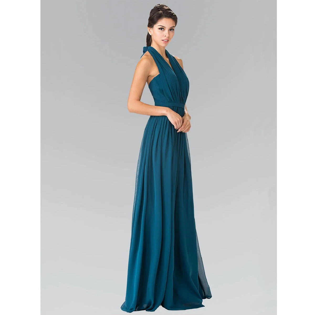navy chiffon halter dress with v neckline open back fitted waist floor length skirt elegant evening style