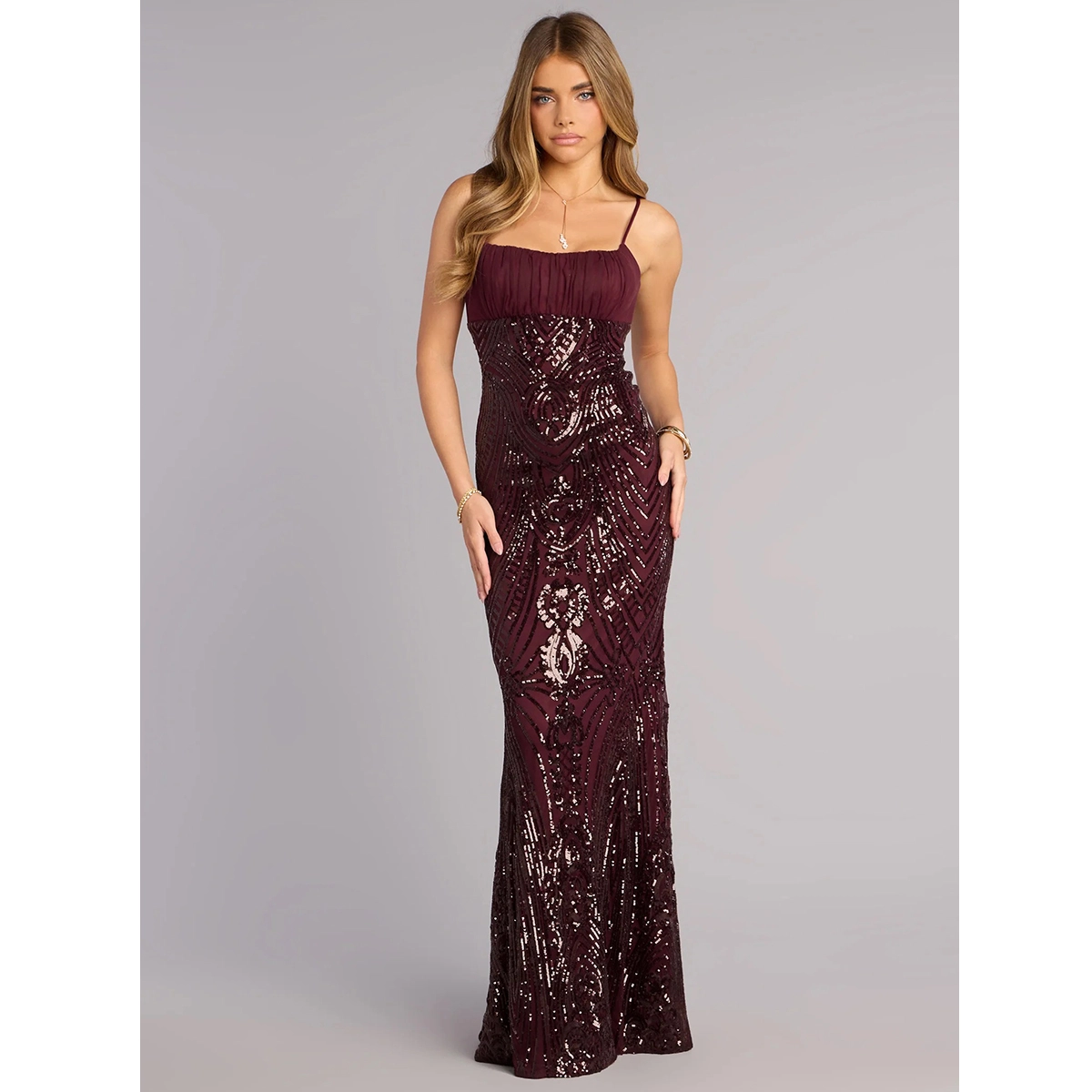 formal luxury dress thin spaghetti straps ruched bust geometric sequin mermaid floor-length skirt