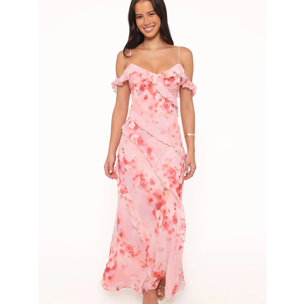 floral off shoulder maxi dress adjustable spaghetti straps ruffle bodice short ruffle sleeves invisible side zip summer dress