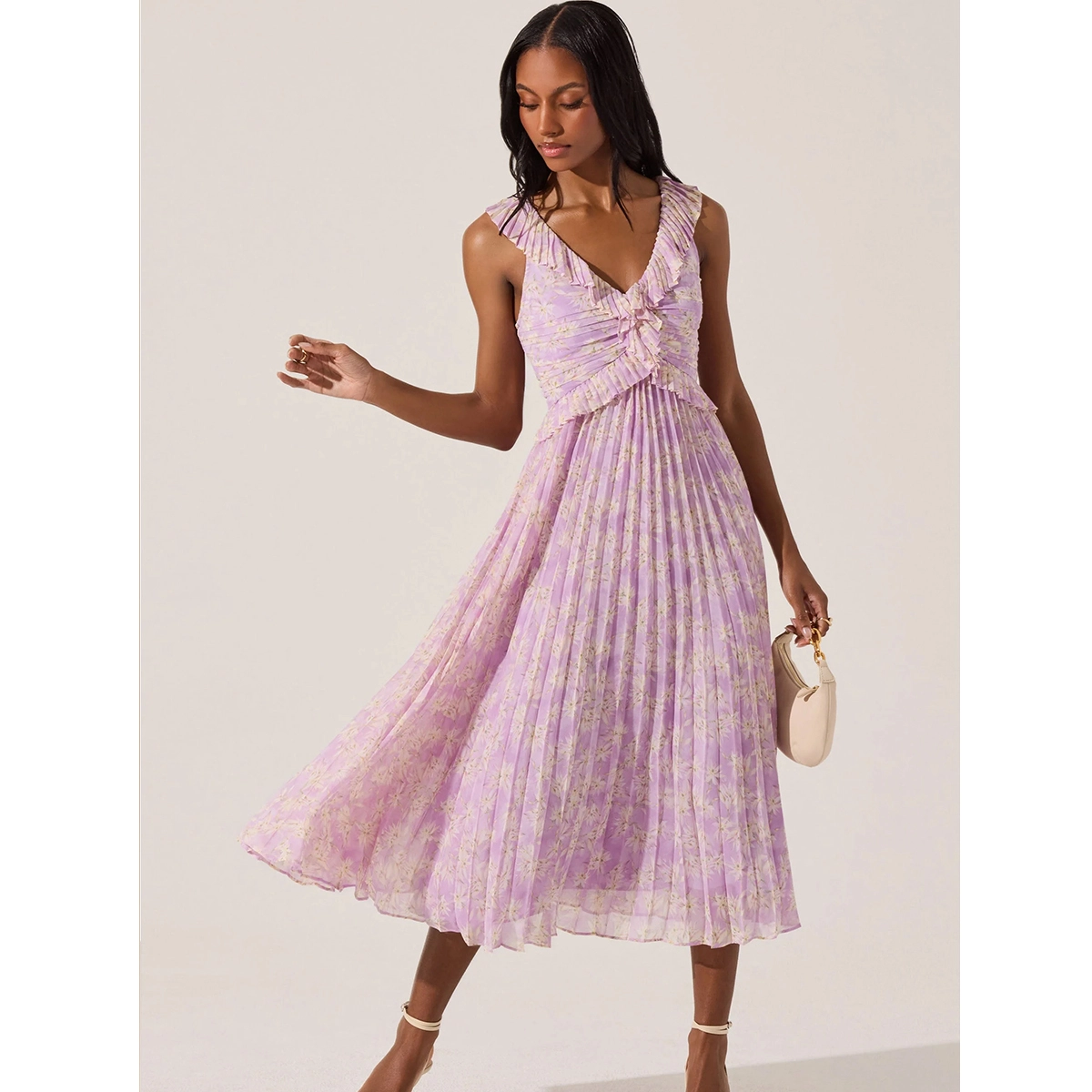 floral ruffle pleated midi dress with v neckline all over pleating and ruffle trim detail