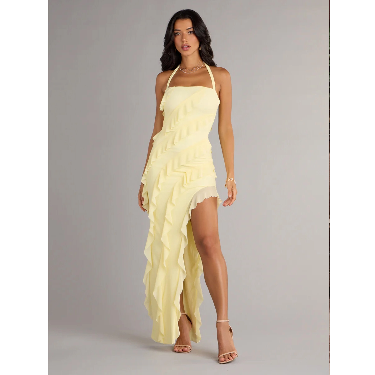 yellow mesh ruffle evening dress with halter neckline tie closure high side slit floor length formal gown