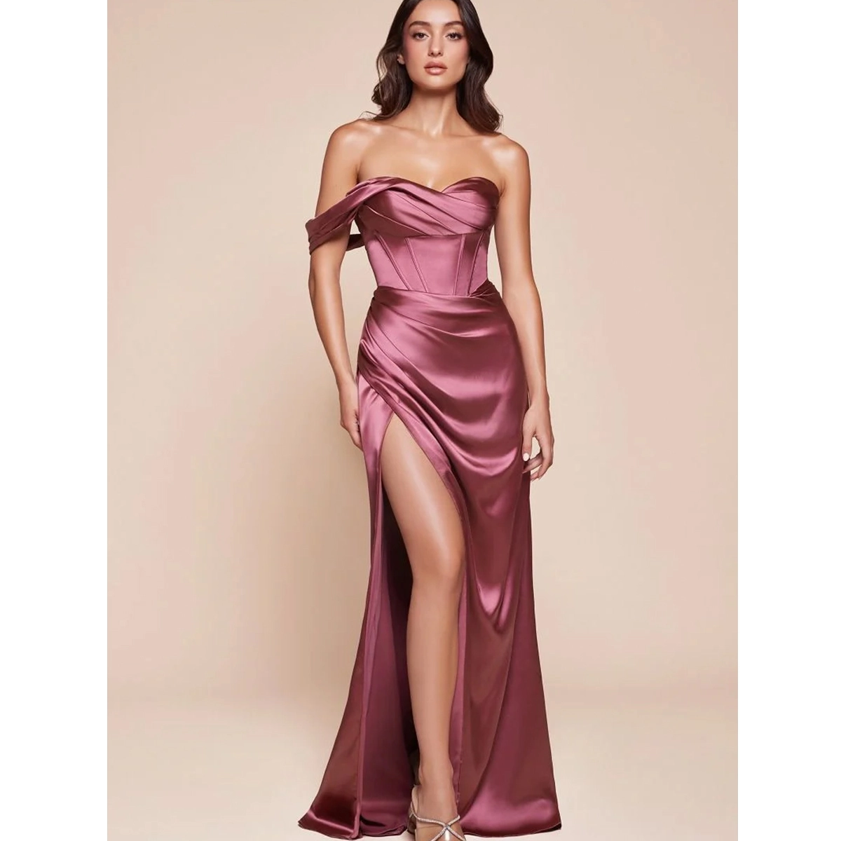 satin corset dress with one shoulder pleated neckline gathered waist boned bodice high leg slit full length formal gown