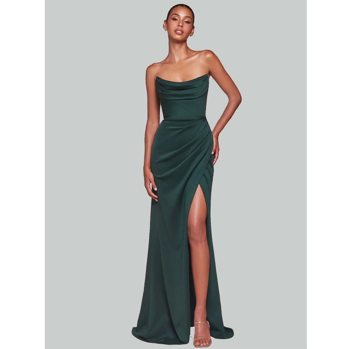 strapless bodycon evening dress with draped bodice high thigh slit full length fitted formal gown