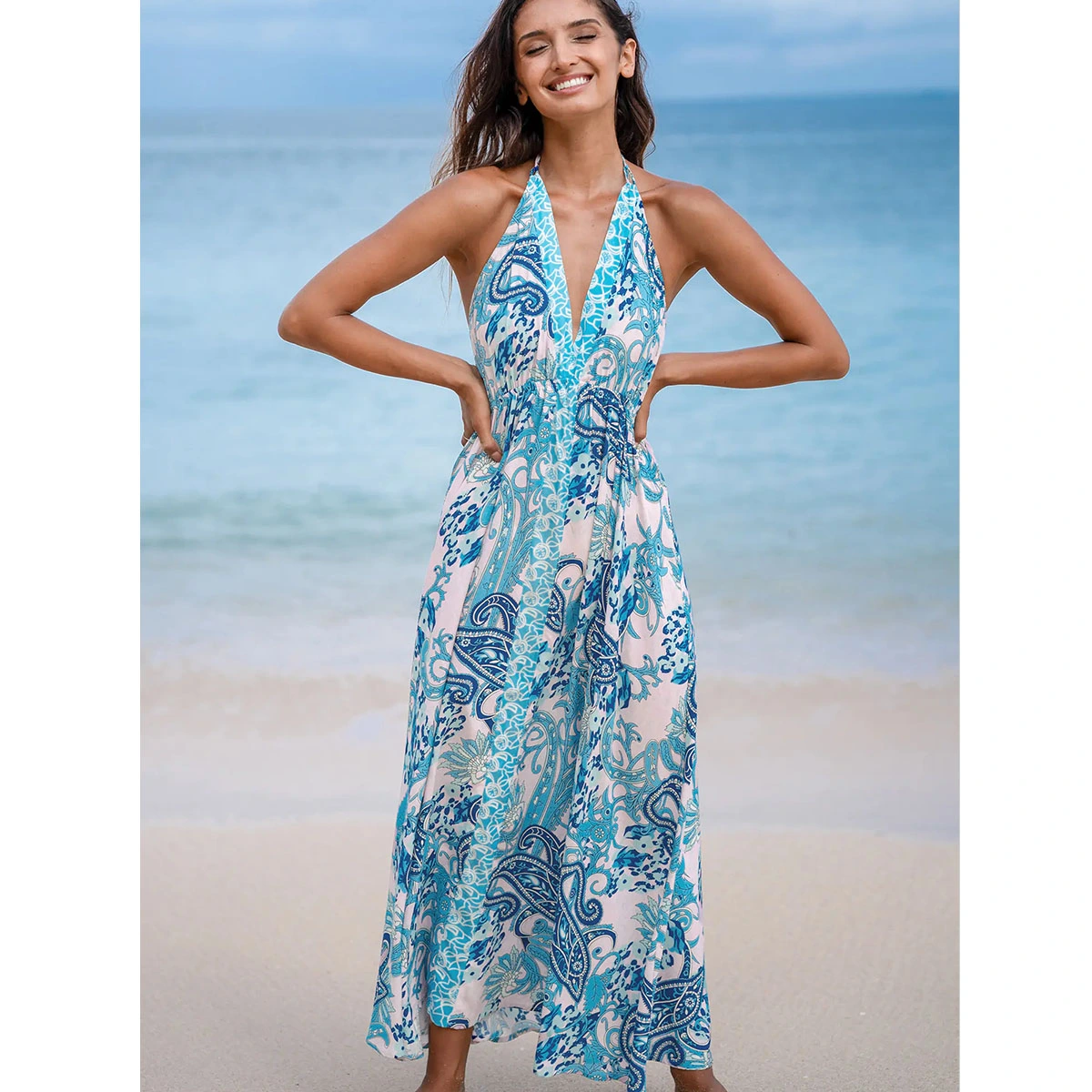 print boho halter tie back maxi dress with shirred waist loose flowy skirt beach vacation style