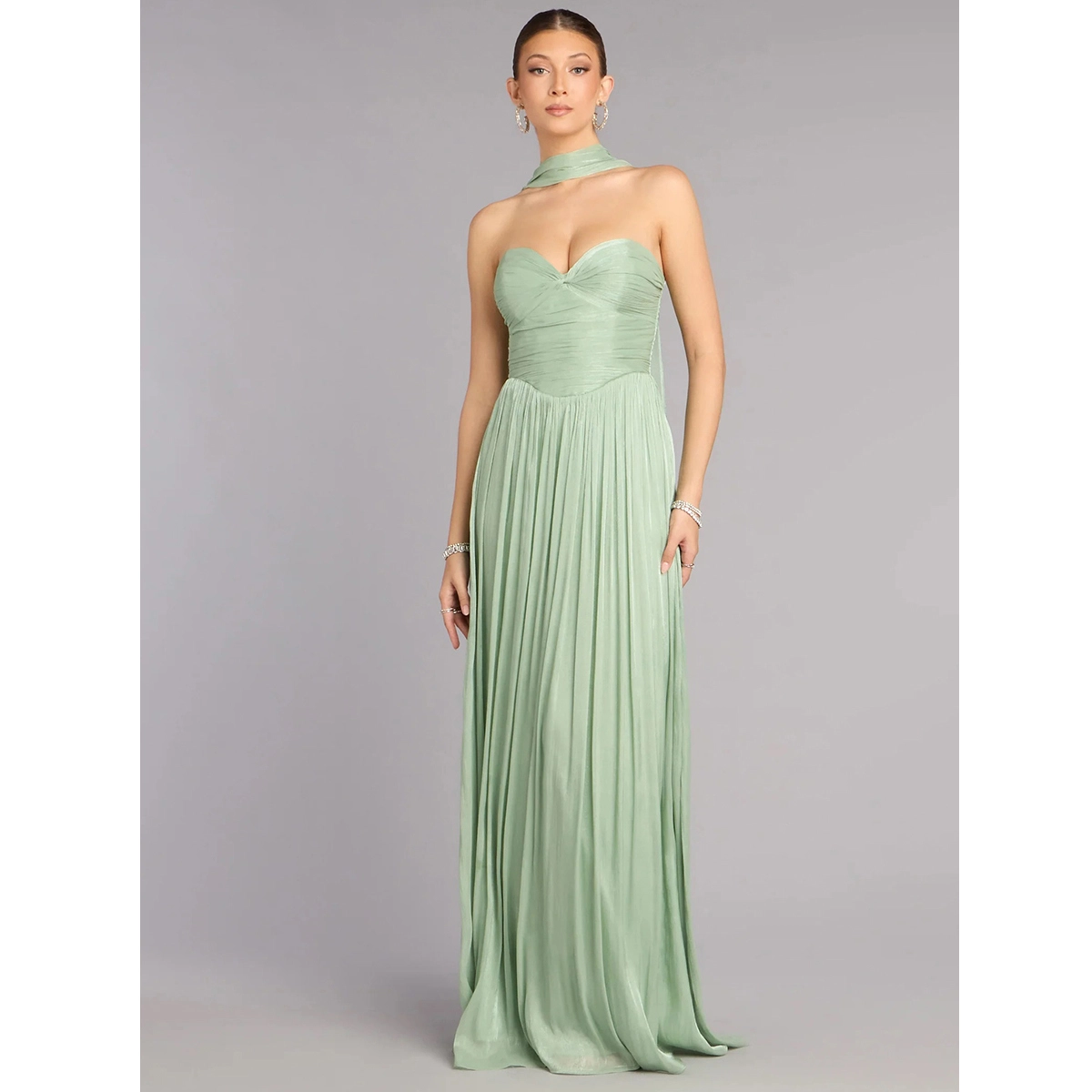 formal sleeveless dress twisted sweetheart bust strapless flowy maxi skirt matching scarf
