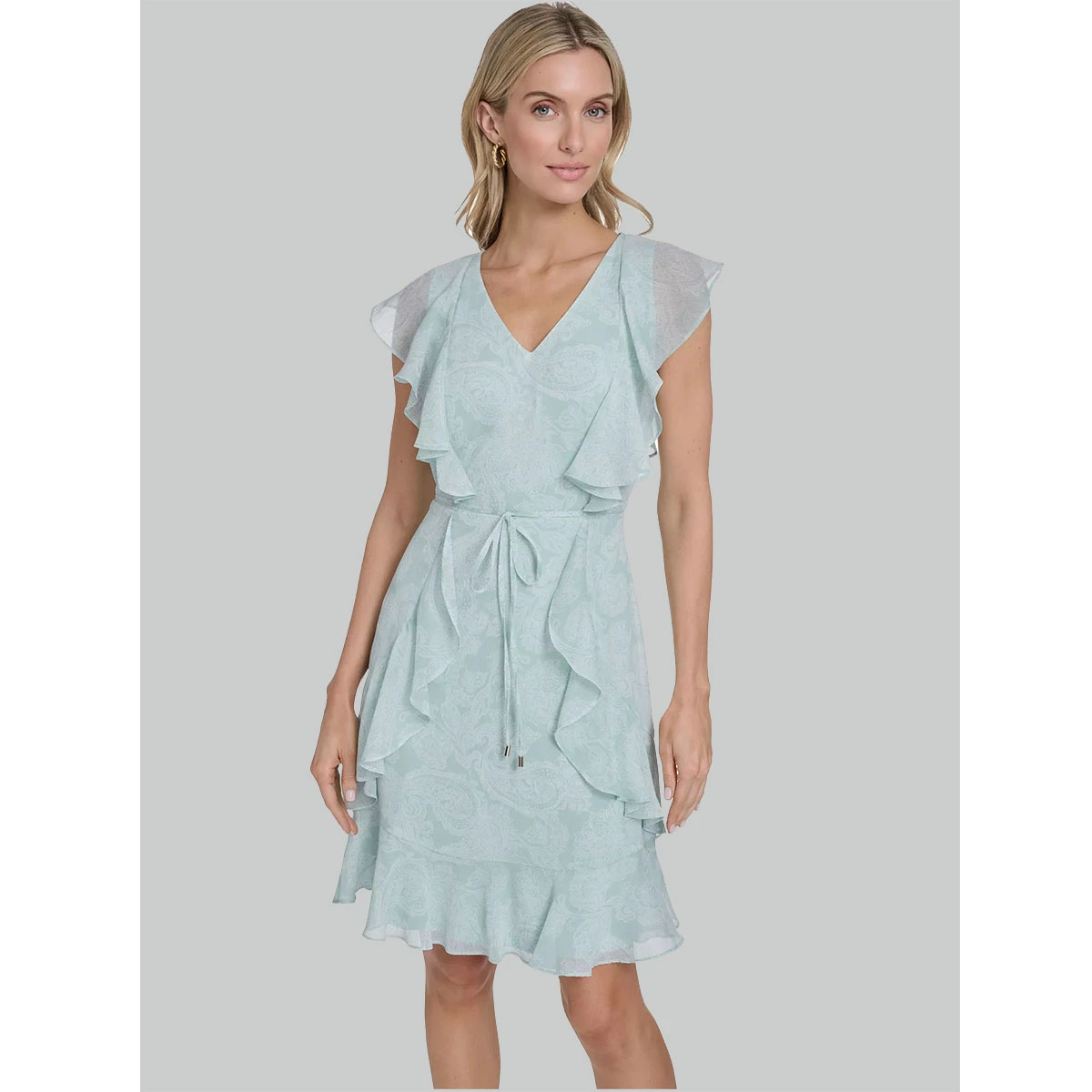 polyester chiffon ruffle wrap dress v neckline waist tie flutter sleeves knee length ruffle hem elegant dress
