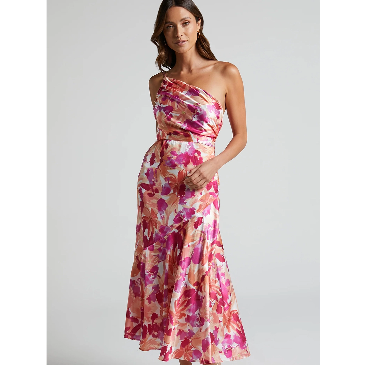 pink satin floral dress with one shoulder design a line midi silhouette flattering midi length elegant occasion dress