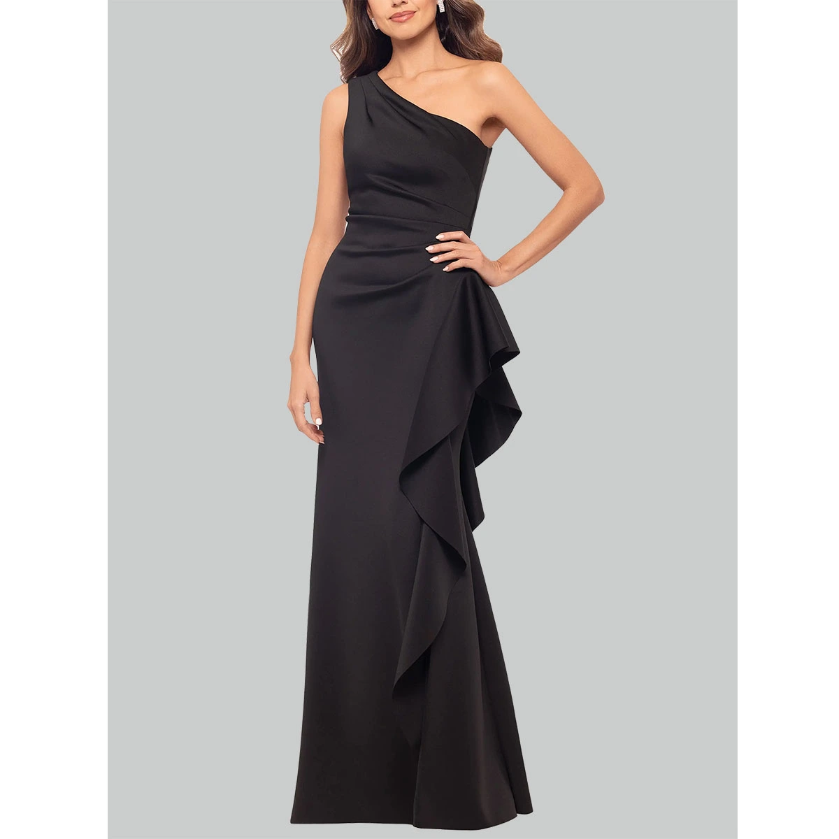 black satin maxi party dress asymmetrical neckline one shoulder gathered waist layered ruffle evening dress