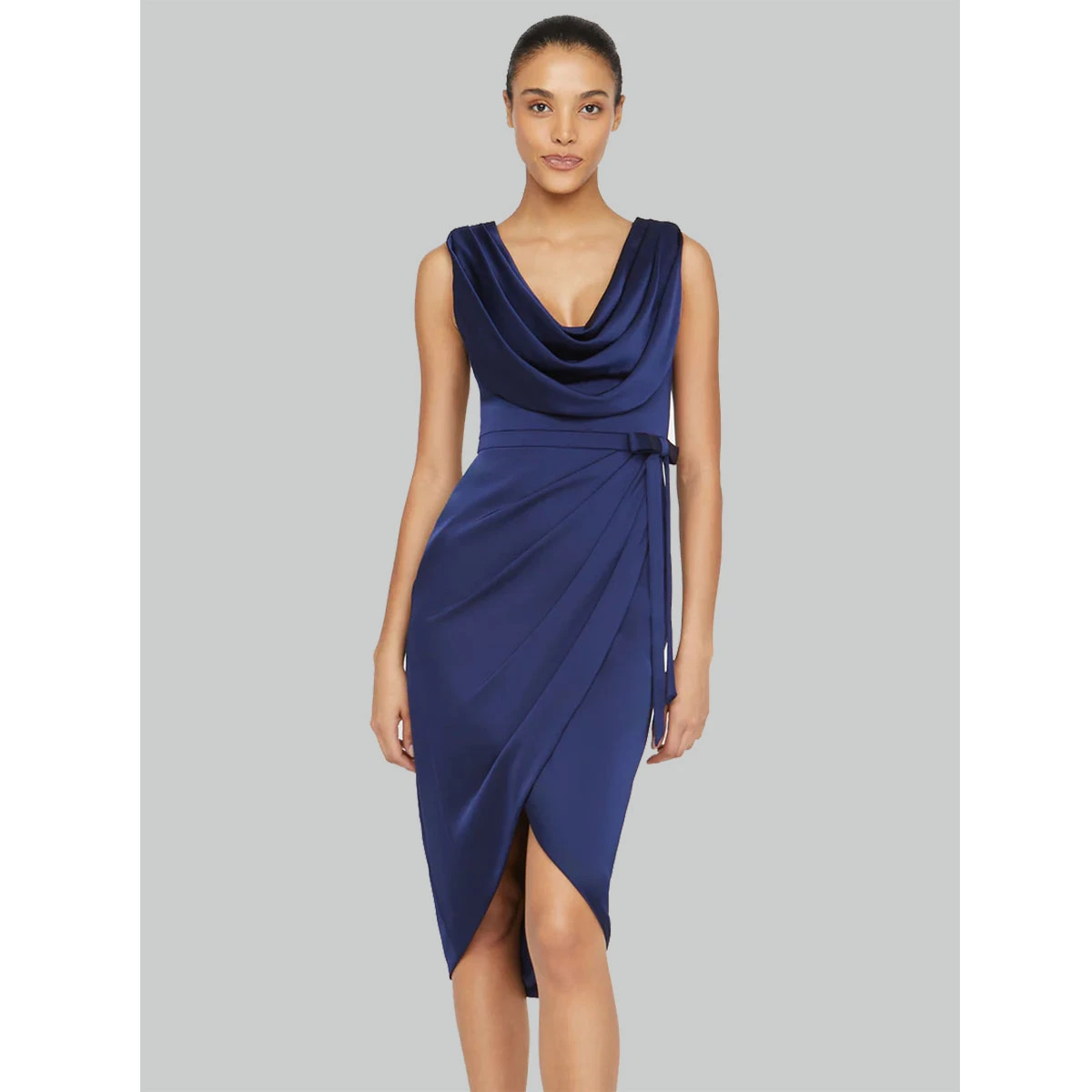 navy satin party wrap dress cowl neckline sleeveless bow tied waist wrap skirt cocktail dress