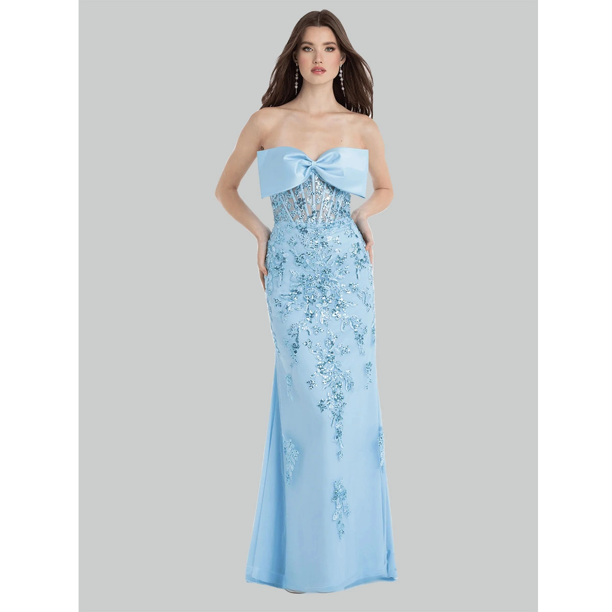 sparkly evening dress with satin bow front detail sheer mesh corset bodice embellished full length silhouette formal gown