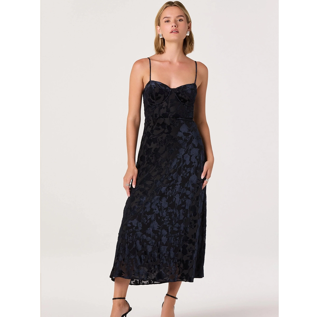 velvet floral burnout bustier midi dress with adjustable spaghetti straps underwire bust and boned bodice