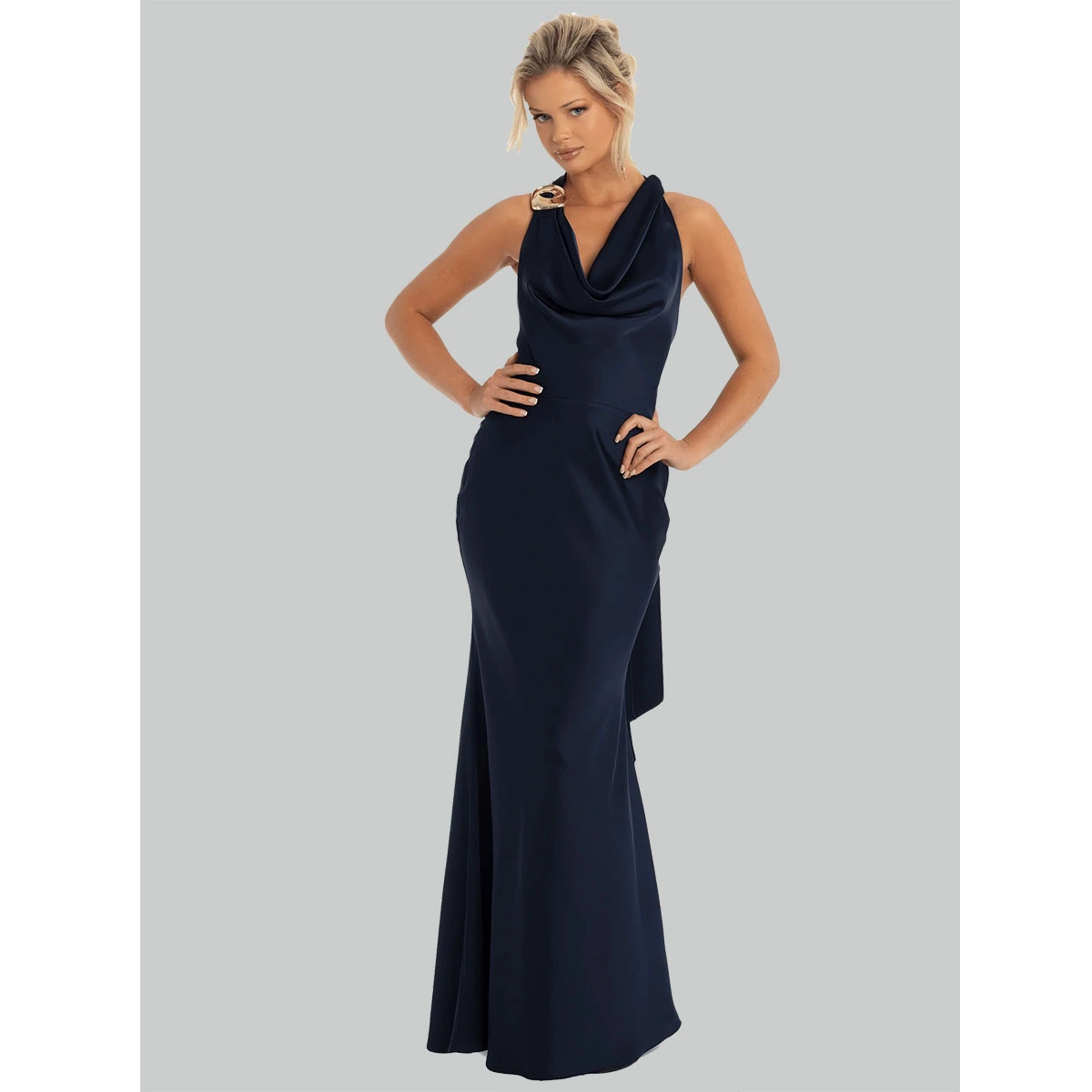 satin draped halter tie neck evening dress with cowl neckline empire waist full length silhouette formal gown