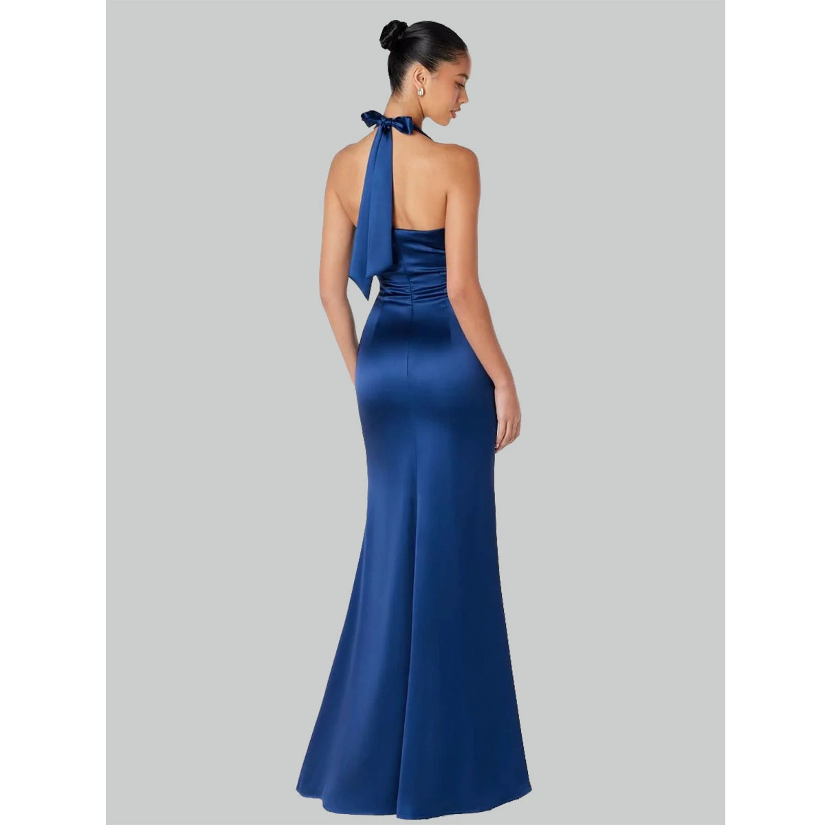 navy silk satin halter dress with fitted silhouette halter neckline open back structured bodice maxi length